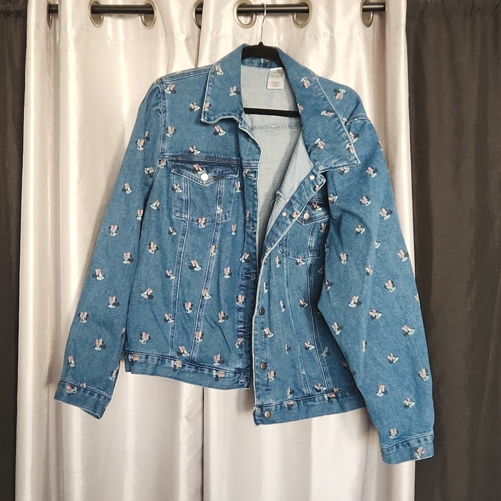 NEW DISNEY PARKS Minnie Mouse Jean Denim Jacket Button Disney World Land Large